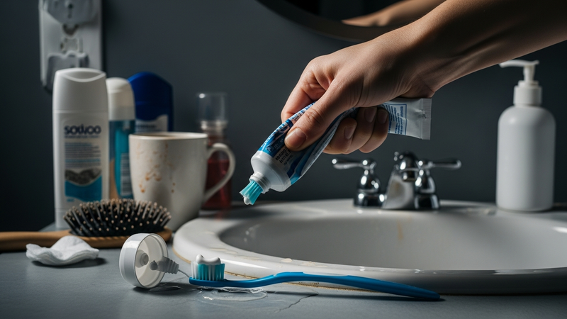 A dim, early-morning bathroom scene. A hand desperately squeezes a twisted, nearly empty tube. A pathetic speck of paste clings to a toothbrush bristle. The counter is a chaotic mess of other products.
