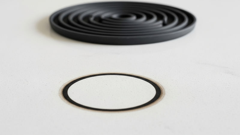 A dramatic, close-up shot of a pristine white quartz countertop marred by a perfect, circular scorch mark from a hot pan. A sleek, modern silicone trivet sits just inches away, unused and forgotten.