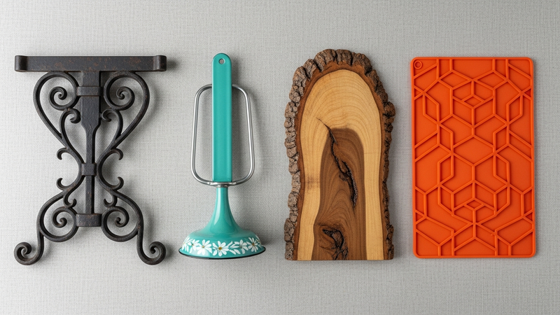 An artistic flat lay showing the evolution of the trivet: an antique wrought-iron tripod, a mid-century enameled stand, a rustic wooden slab, and a modern, brightly colored silicone mat.