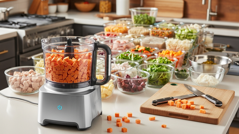 A powerful food processor humming on a counter, perfectly uniform diced sweet potato overflowing from its clear work bowl. In the background, a large meal prep session is underway with many glass containers.