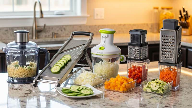 A well-lit kitchen counter with five distinct vegetable choppers lined up side-by-side. From left to right: a bulky electric processor, a sturdy metal mandoline slicer, a colorful manual pull-chord chopper, a compact handheld dicer, and a sleek, multi-blade box grater style chopper. A variety of chopped vegetables sits in bowls in front of each.
