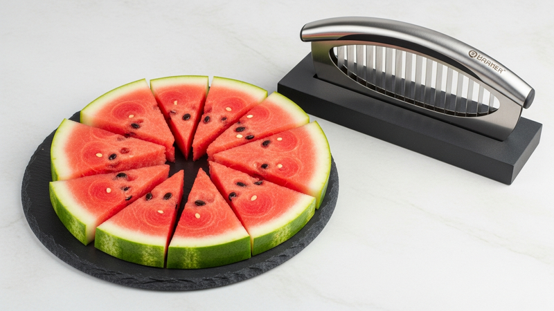 A clean, styled photo showing the pristine results from a branded cutter. Neat, identical watermelon triangles are fanned out artfully on a slate platter, with no ragged edges or crushed flesh. The cutter itself sits cleanly to the side, looking like a piece of kitchen sculpture.