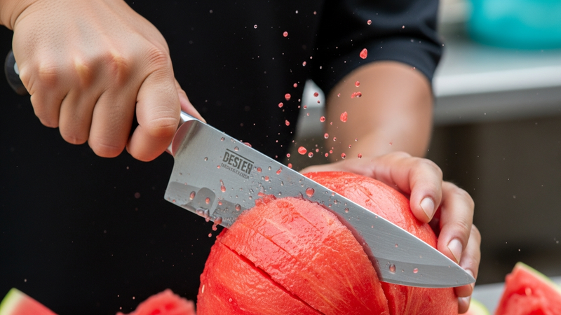 A close-up, dynamic shot from above, a hand firmly pressing down and twisting the handle. The blades are mid-swing through crimson watermelon flesh, with a few juicy droplets caught in the air. The focus is on the precision of the action.
