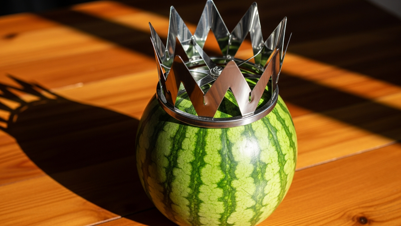 A photorealistic, high-contrast shot of a gleaming stainless steel watermelon windmill cutter poised like a crown on a whole, uncut watermelon. Late afternoon sun glints off the blades, creating sharp shadows on a rustic wooden table.