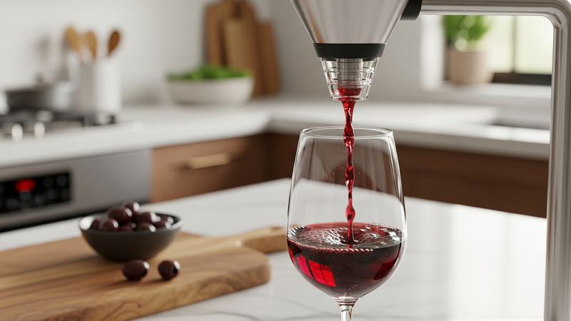 A close-up, photorealistic shot of a stream of ruby-red wine cascading through a sleek, stainless steel aerator into a waiting glass. The kitchen is warm and lived-in in the background, with a cutting board and a bowl of olives on a marble countertop. The wine glistens as it falls.
