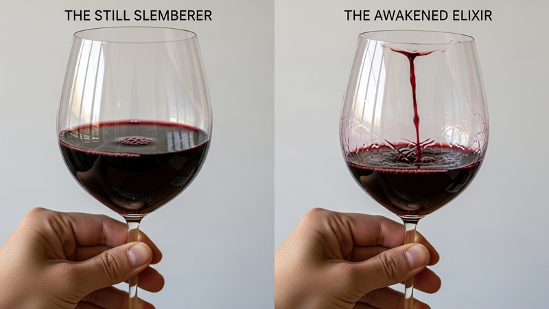 A split-screen visual: On the left, a hand holding a glass of unaerated wine, looking dark and opaque. On the right, the same wine after aeration, looking visibly more luminous and vibrant, with legs clearly coating the side of the glass.