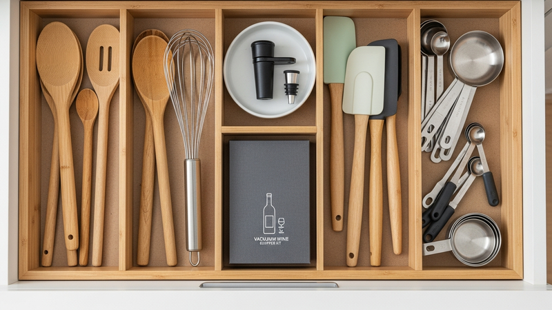 A beautifully styled, overhead shot of an organized kitchen utensil drawer. Nestled among wooden spoons and a whisk is a small box containing a vacuum wine stopper kit, looking like a natural, essential part of the cooking toolkit.