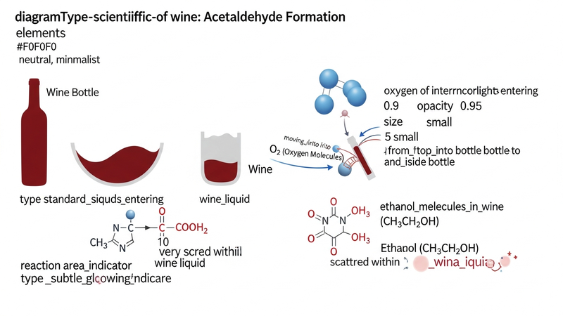 A clean, scientific-style diagram showing oxygen molecules (O2) entering a wine bottle and reacting with compounds in the wine, visually explaining the formation of acetaldehyde. The style is minimalist, set against a neutral background.