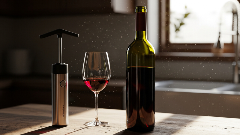 A close-up, photorealistic image of a half-full bottle of red wine on a rustic kitchen counter. Sunlight streams through a window, catching the deep ruby liquid. Beside it sits a sleek, modern vacuum wine stopper, its pump handle raised. A single wine glass holds the last pour.